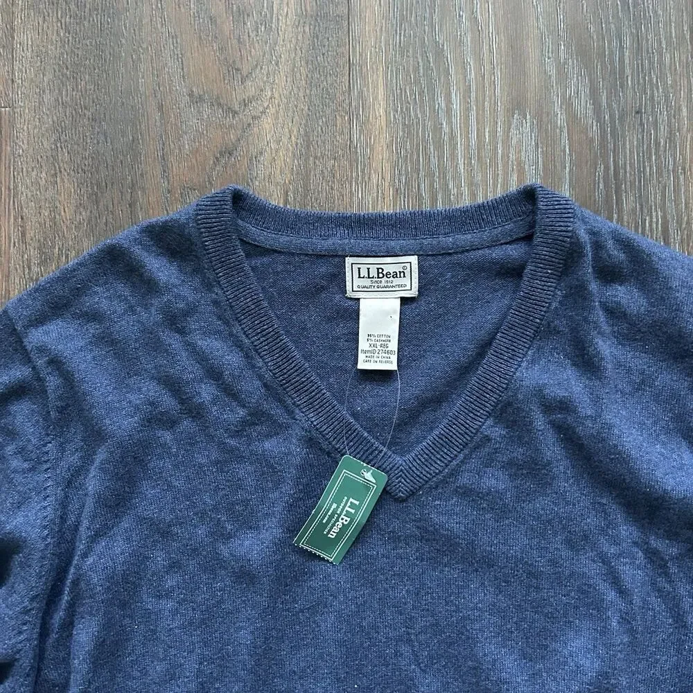 L.L. Bean Cotton Cashmere V-Neck Sweater Indigo Blue, Size XXL